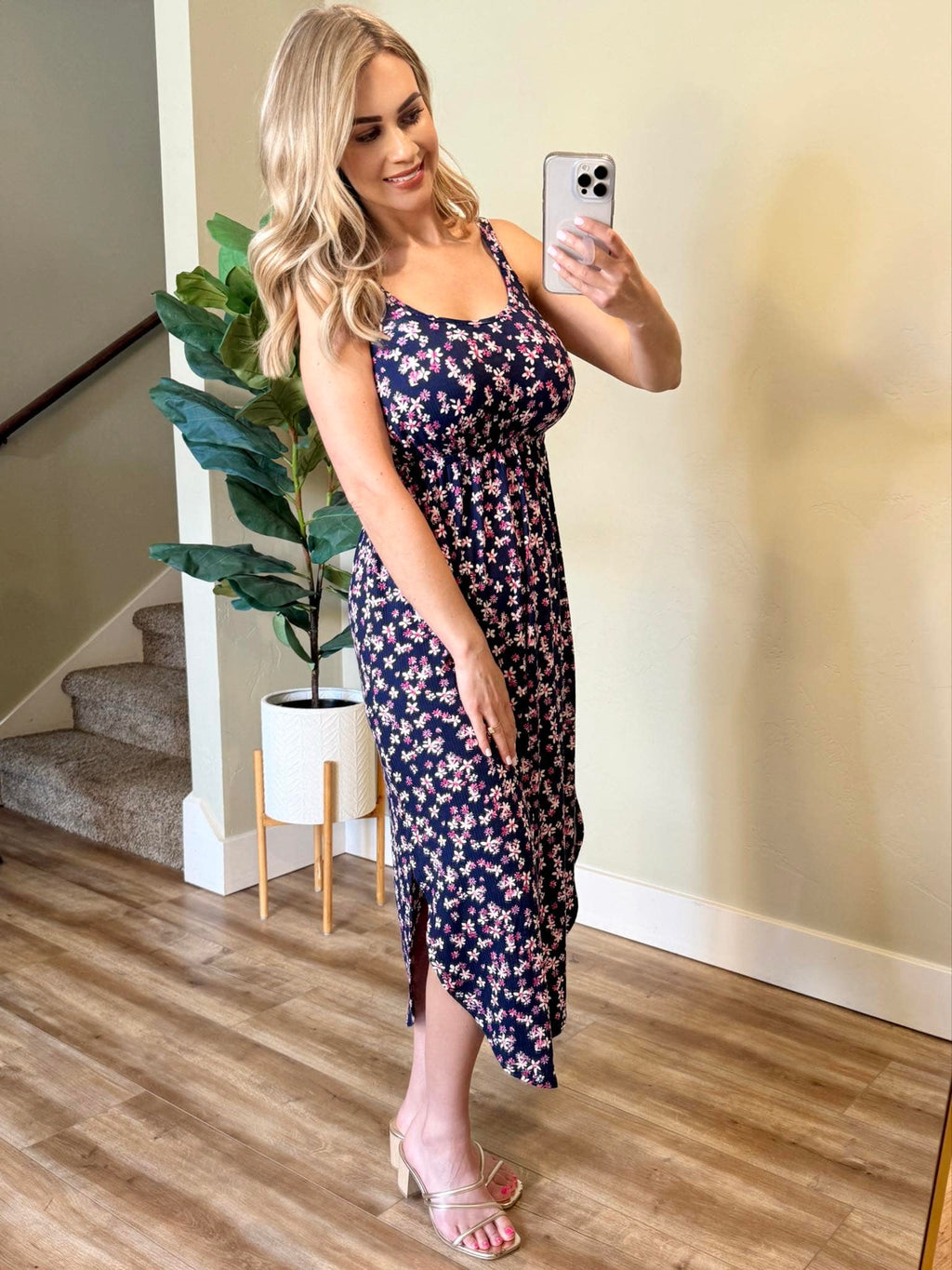 Reagan Ribbed Midi Dress - Navy and Magenta Floral by Michelle Mae