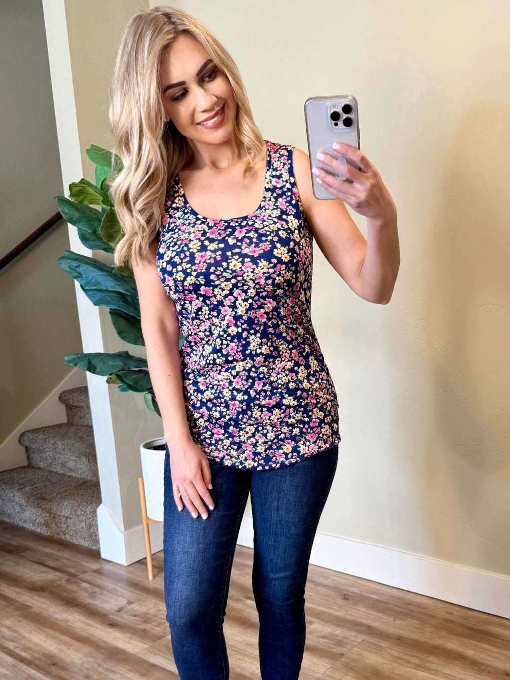 Luxe Crew Tank - Navy Micro Floral by Michelle Mae