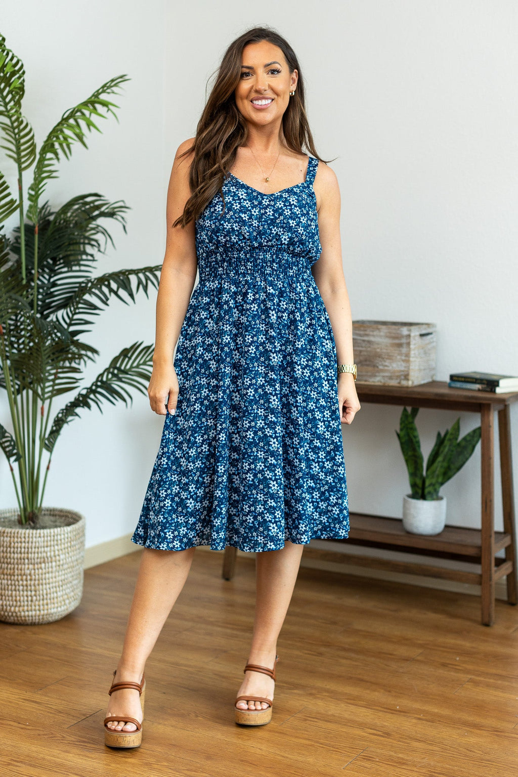 Cassidy Midi Dress - Blue Floral Mix by Michelle Mae