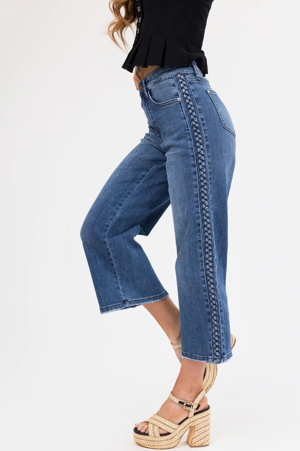 Judy Blue High Waist Braided Detail Crop Wide Leg Jeans