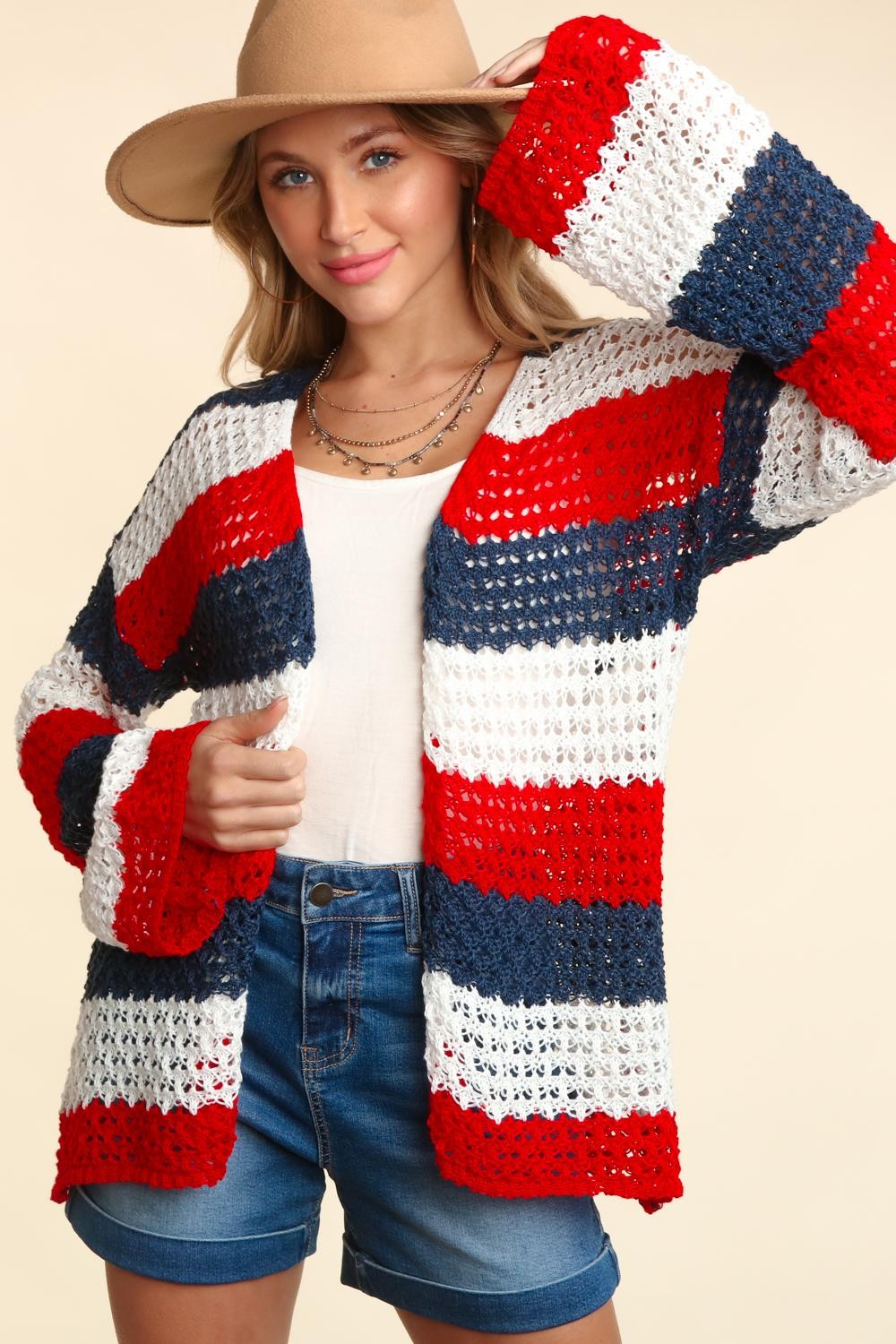 Red White & Blue Open Front Long Sleeve Stripe Cardigan