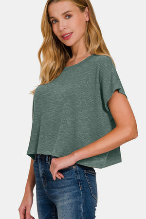 Zenana Round Neck Short Sleeve Crop T-Shirt in Ash Jade