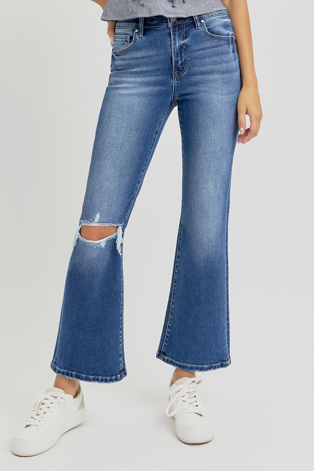 RISEN High Rise Distressed Knee Crop Flare Jeans