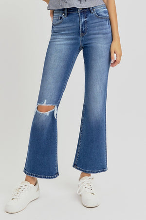 RISEN High Rise Distressed Knee Crop Flare Jeans