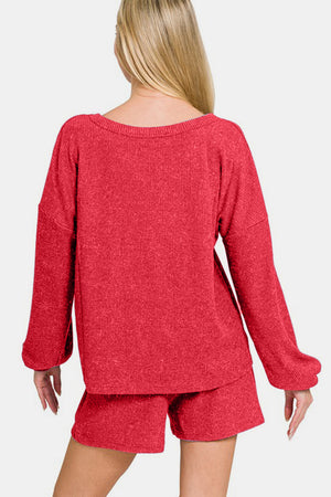 Zenana V-Neck Long Sleeve Ribbed Top and Shorts Set Deep Red