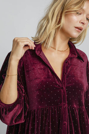 Polka Dot Button Up Half Sleeve Velvet Shirt Burgundy