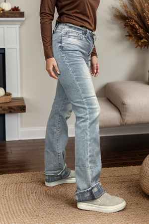 Judy Blue High Waist Vintage Plaid Cuffed Straight Leg Jeans