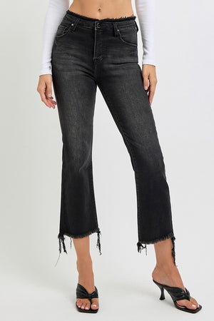 RISEN High Waist Step Hem Cropped Flare Jeans Black