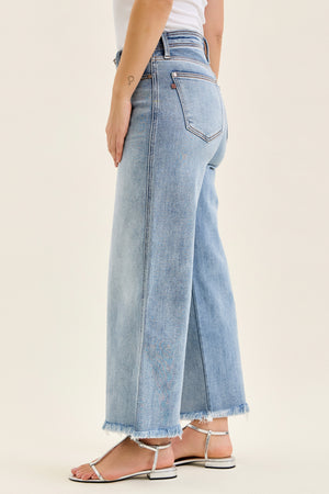 Judy Blue Mid Rise Ankle Wide Leg Hollywood Waistband Fray Hem Jeans