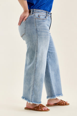 Judy Blue Mid Rise Ankle Wide Leg Hollywood Waistband Fray Hem Jeans