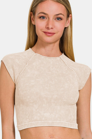 Zenana Ribbed Round Neck Cropped Mineral Wash Top Sand Beige