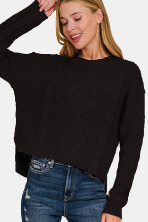 Zenana Cropped High Low Cable Sweater with Side Slits Black