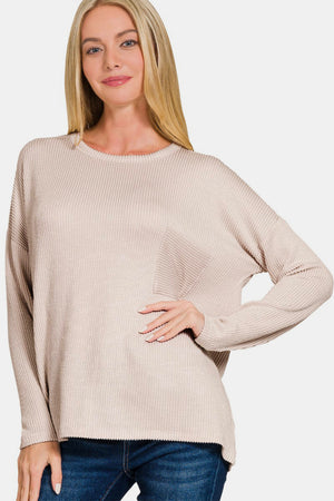 Zenana Ribbed Striped Long Sleeve T-Shirt Ash Mocha