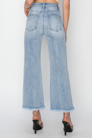 RISEN High Waist Crop Wide Leg Fray Hem Light Wash Jeans