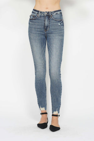 Judy Blue High Rise Tummy Control Vintage Wash Distressed Hem Skinny Jeans
