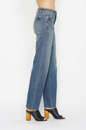 Judy Blue Mid Rise Tummy Control Vintage Raw Hem Straight Leg Jeans