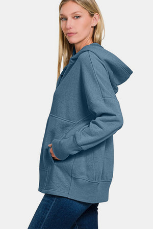 Zenana Half Snap Long Sleeve Hoodie with Kangaroo Pocket Dusty Blue