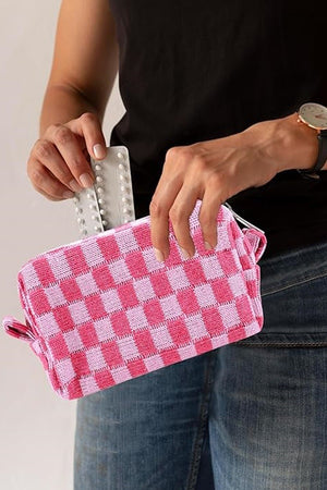 Zenana Checkered Pattern Knitted Cosmetic Pouch - 6 colors