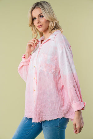 Pink Long Sleeve Tie Dye Cotton Gauze Shirt