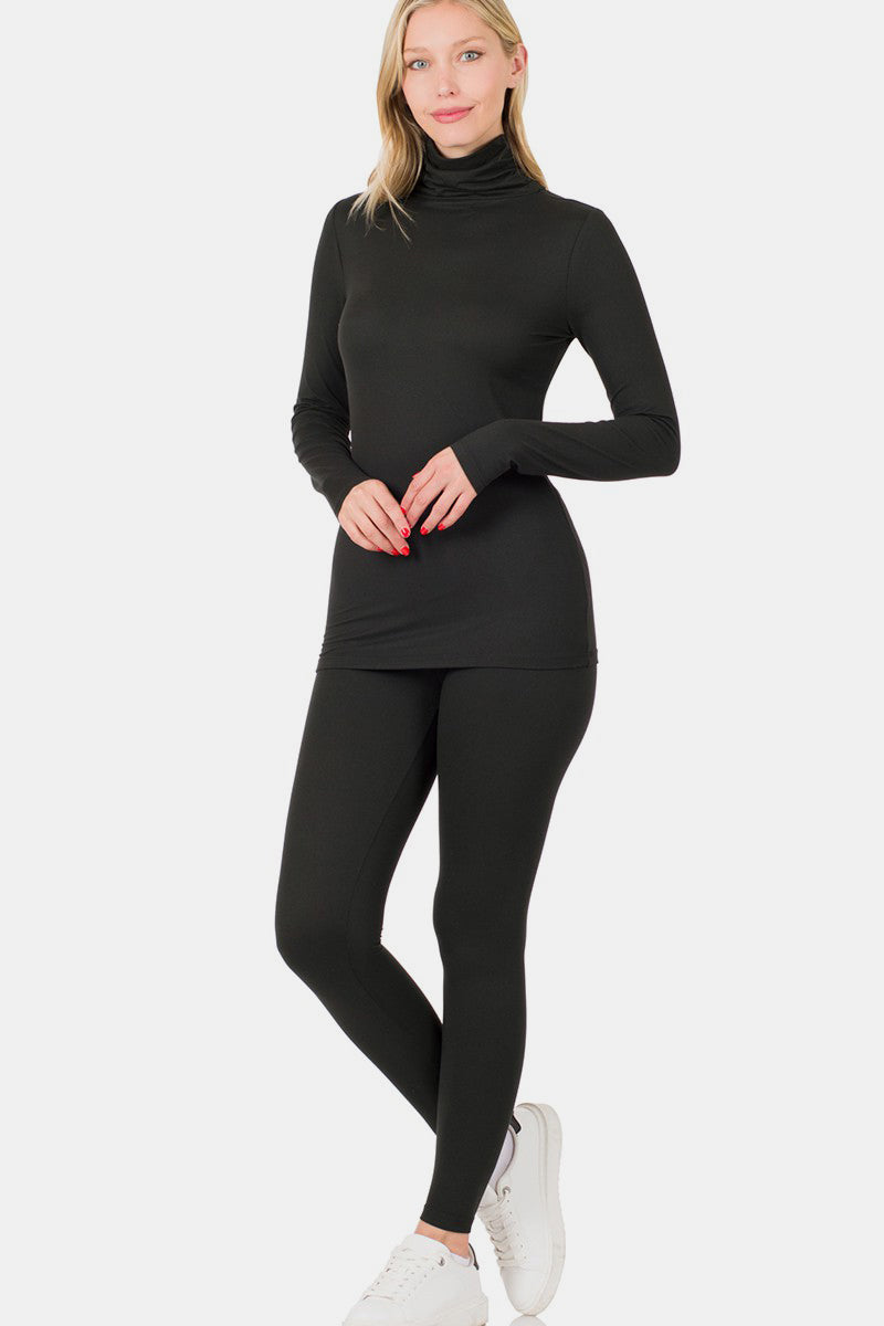 Zenana Buttery Soft Turtleneck Top and Leggings Lounge Set Black