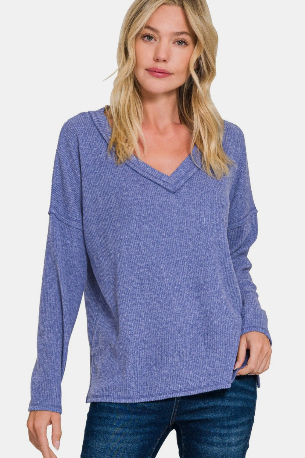 Zenana Ribbed V-Neck Drop Shoulder Top Marlin Blue