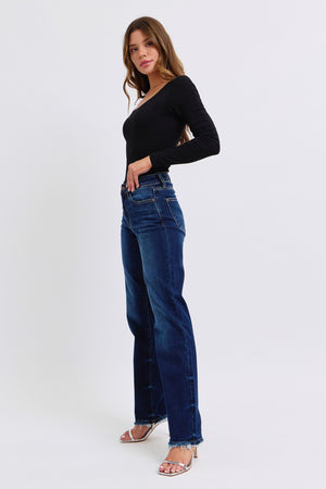 Judy Blue Mid Rise Straight Leg Fray Hem Jeans