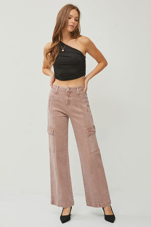 RISEN High Rise Wide Leg Cargo Jeans in Mauve