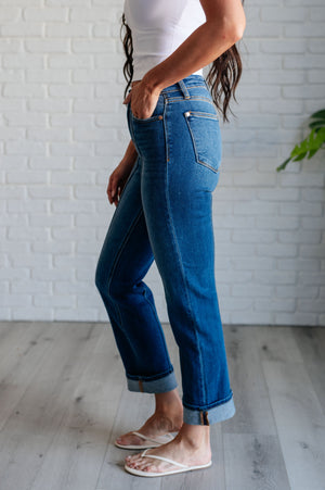 Judy Blue High Waist Front Seam Detail Cuffed Straight Leg Jeans