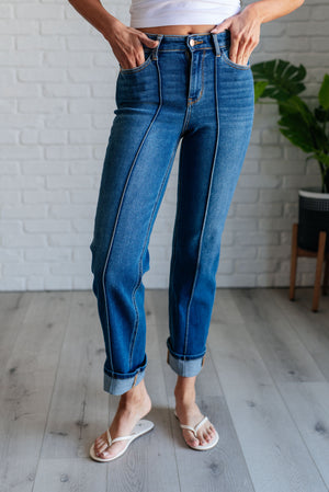 Judy Blue High Waist Front Seam Detail Cuffed Straight Leg Jeans