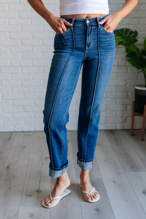 Judy Blue High Waist Front Seam Detail Cuffed Straight Leg Jeans