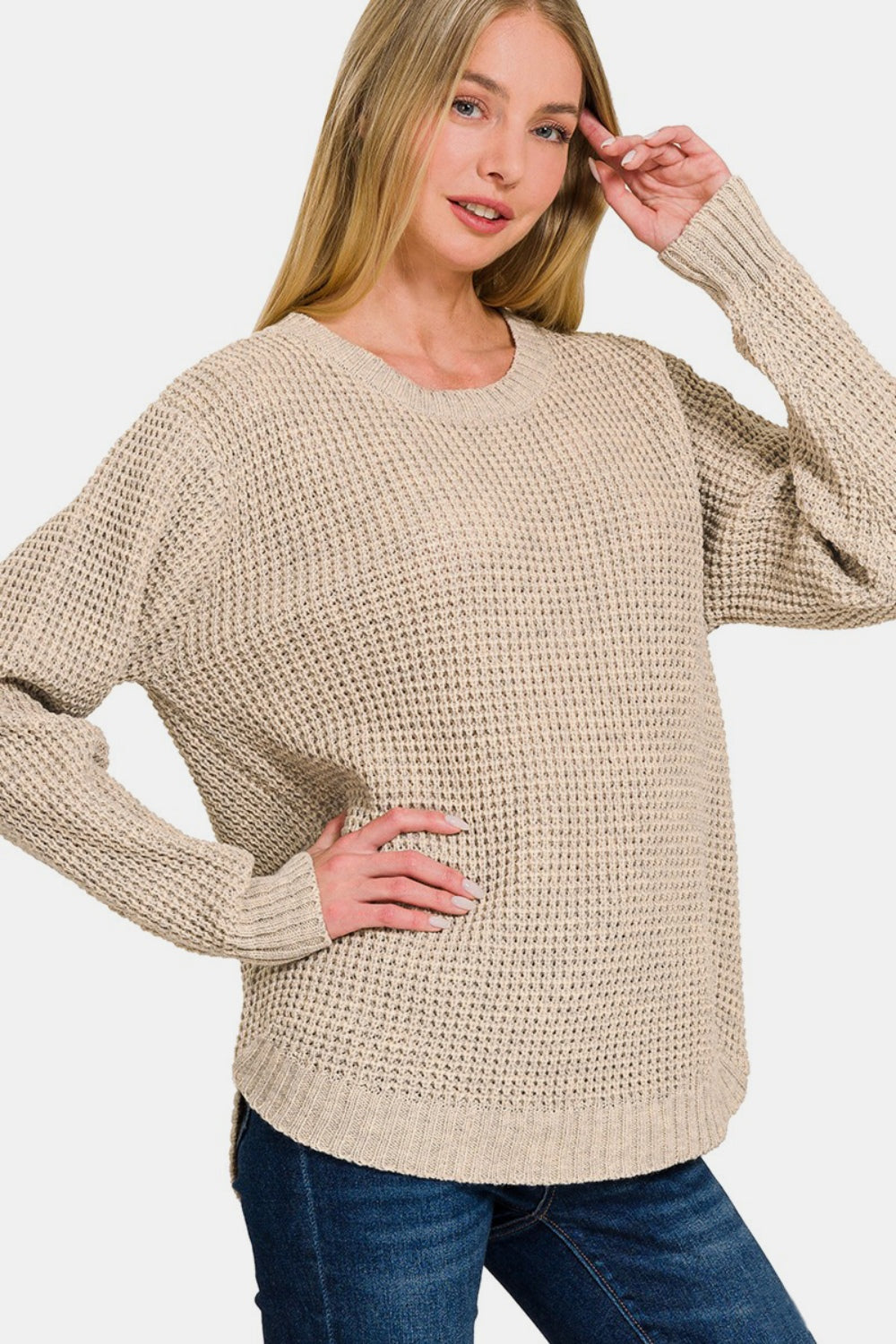 Zenana High Low Long Sleeve Waffle Knit Sweater Beige