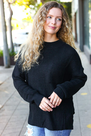 Classy Chic Black Mock Neck Chest Pocket Knit Sweater