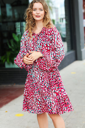 Fuchsia & Teal Dot Tie V Neck Ruffle Dress