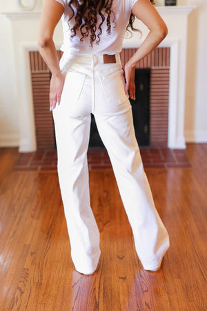 Judy Blue High Rise Braided Waist Wide Leg Jeans White