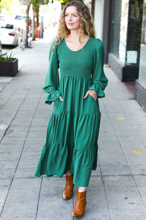 Beautiful You Green Smocked Ruffle Sleeve Maxi Dress