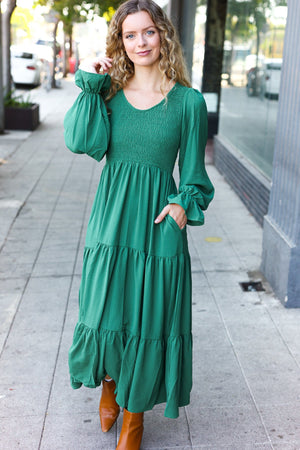 Beautiful You Green Smocked Ruffle Sleeve Maxi Dress