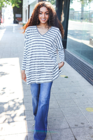 Nautical Ivory & Grey Striped Hacci Knit Tunic Top