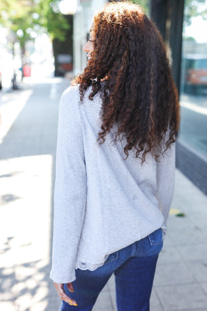 Feels Like Love Grey Lace Trim Rib Long Sleeve Top