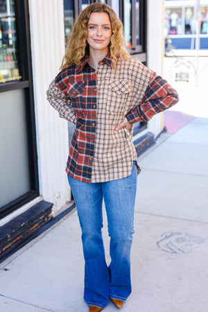 Rust & Taupe Plaid Color Block Shacket