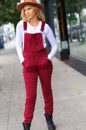 Judy Blue High Waist Garment Dyed Maroon Boyfriend Double Cuff Overalls