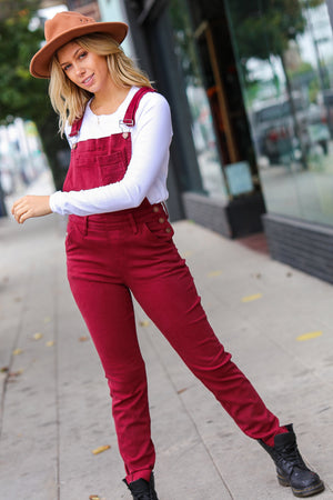 Judy Blue High Waist Garment Dyed Maroon Boyfriend Double Cuff Overalls