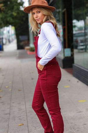 Judy Blue High Waist Garment Dyed Maroon Boyfriend Double Cuff Overalls