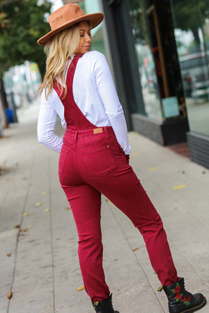 Judy Blue High Waist Garment Dyed Maroon Boyfriend Double Cuff Overalls