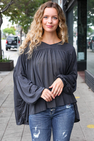 Casual Chic Charcoal V Neck Yoke Modal Knit Top