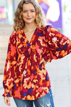 Burgundy Floral Abstract Print V Neck Smocked Top