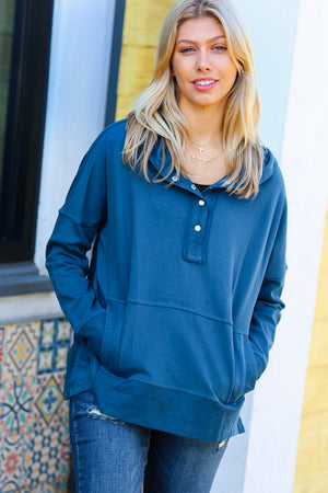 Zenana Cozy Up Teal French Terry Snap Button Hoodie