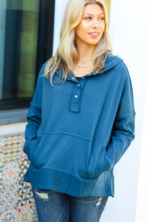 Zenana Cozy Up Teal French Terry Snap Button Hoodie