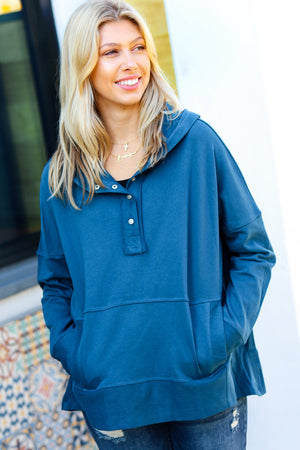 Zenana Cozy Up Teal French Terry Snap Button Hoodie