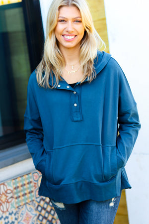 Zenana Cozy Up Teal French Terry Snap Button Hoodie