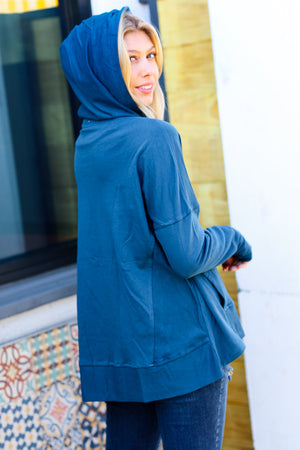 Zenana Cozy Up Teal French Terry Snap Button Hoodie